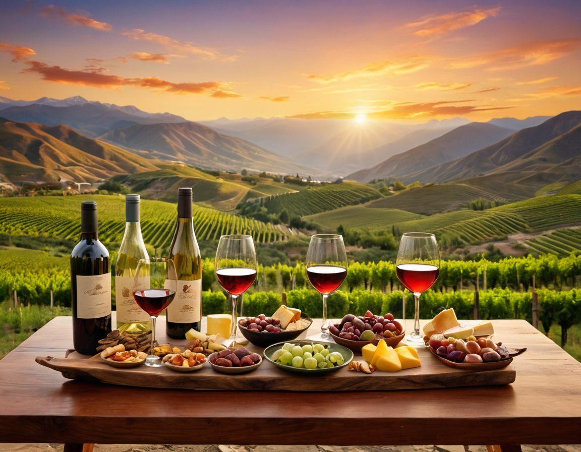 A beautifully arranged wine tasting table set against the picturesque backdrop of Cajalo Andes, showcasing a variety of exquisite wines and gourmet appetizers. Include lush green mountains in the distance, a sunset casting warm golden hues, and a group of diverse friends toasting with glasses of wine, capturing the essence of joy and celebration. vibrant colors. super-realistic. romantic lighting.