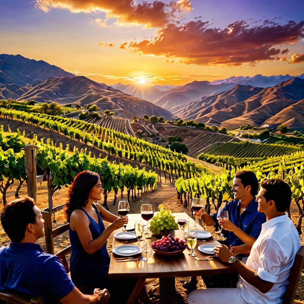 A scenic vineyard nestled in the Cajalo Andes, with vibrant grape vines under a golden sunset. Include a joyful group of diverse people toasting with glasses of wine, surrounded by lush mountains and blue skies. Capture the essence of celebration and friendship, with soft lighting enhancing the beauty of the setting. super-realistic. vibrant colors. warm tones.