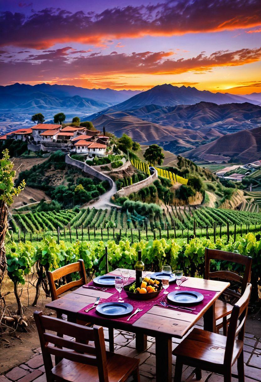 A picturesque Andean vineyard landscape at sunset, showcasing lush grapevines on terraced hills, with a rustic wooden table set for a wine-tasting event. Include elements of eco-friendliness, like organic wine bottles and biodegradable utensils. In the background, a traditional Andean village with children playing, reflecting the cultural aspect. Soft, warm tones of orange and purple in the sky. super-realistic. vibrant colors.
